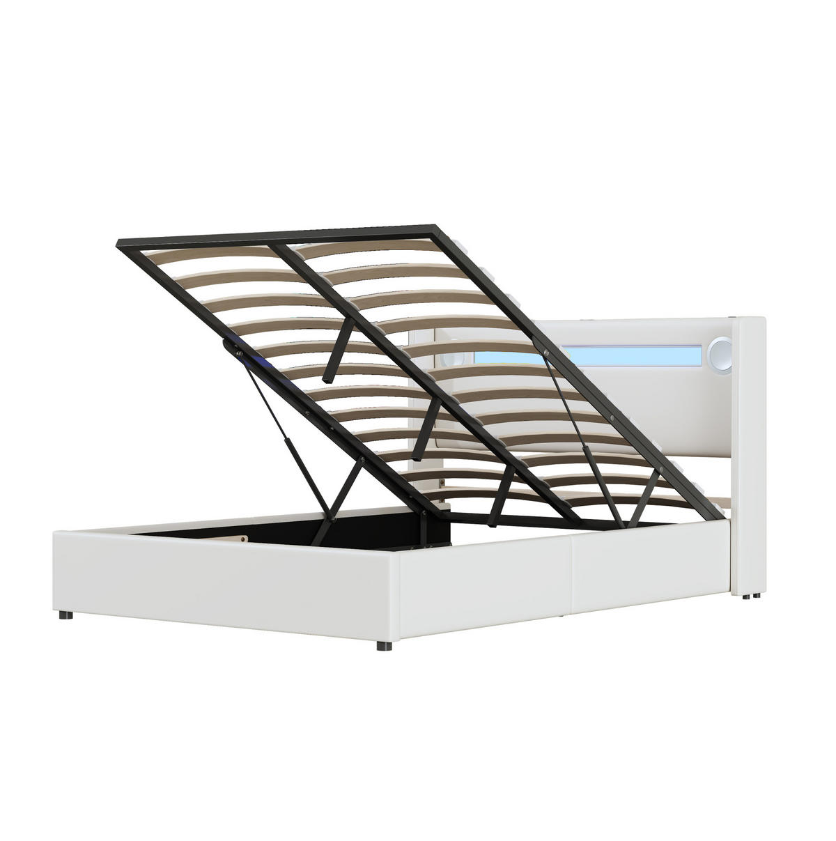 POLSTERBETT 140/200 cm mit LED-Beleuchtung, Bluetooth-Lautsprecher, USB-Anschlüssen und hydraulischem Bettkasten, Weiß - Weiß, Kunststoff (140/200cm) - Redom