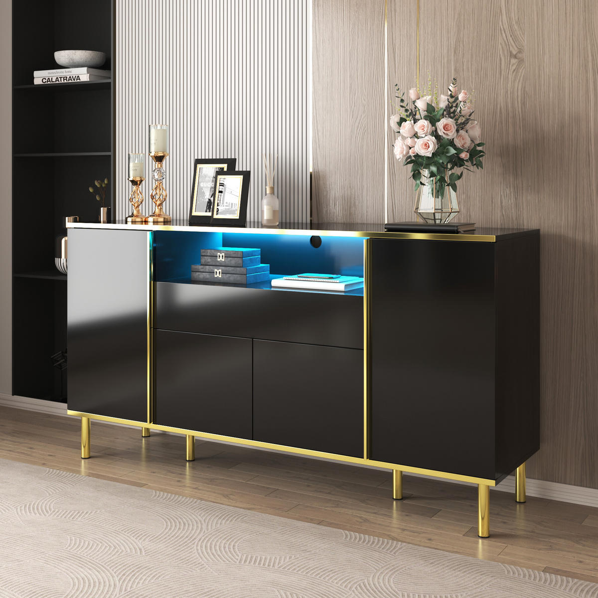 SIDEBOARD Schwarz mit LED 150/40/80 cm - Schwarz, Holzwerkstoff (40/80/150cm) - Urban Meuble
