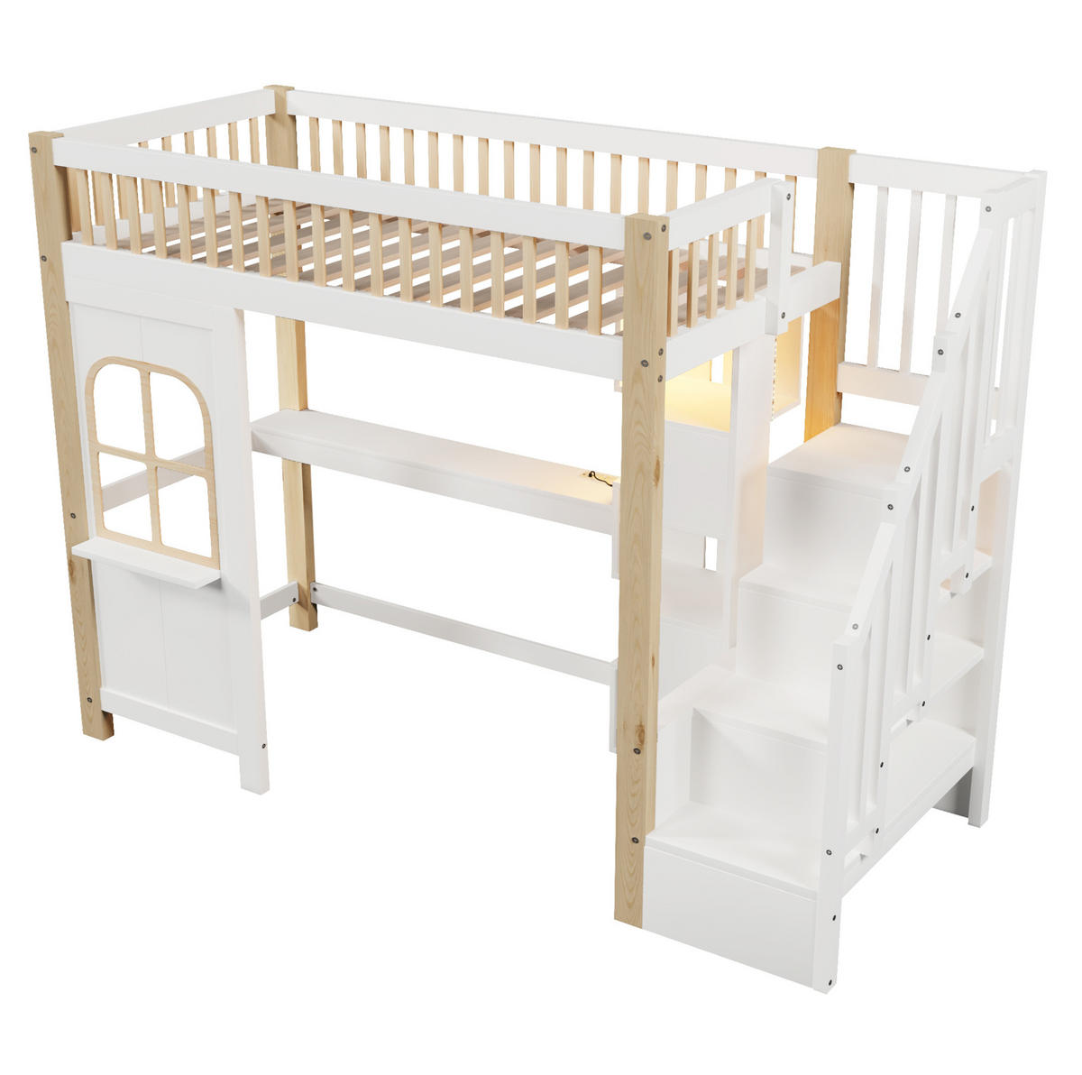 HOCHBETT 90/200 cm mit LED-Leuchten und Schreibtisch in Weiß und Natur - Weiß, Holz (140/200cm) - OKWISH