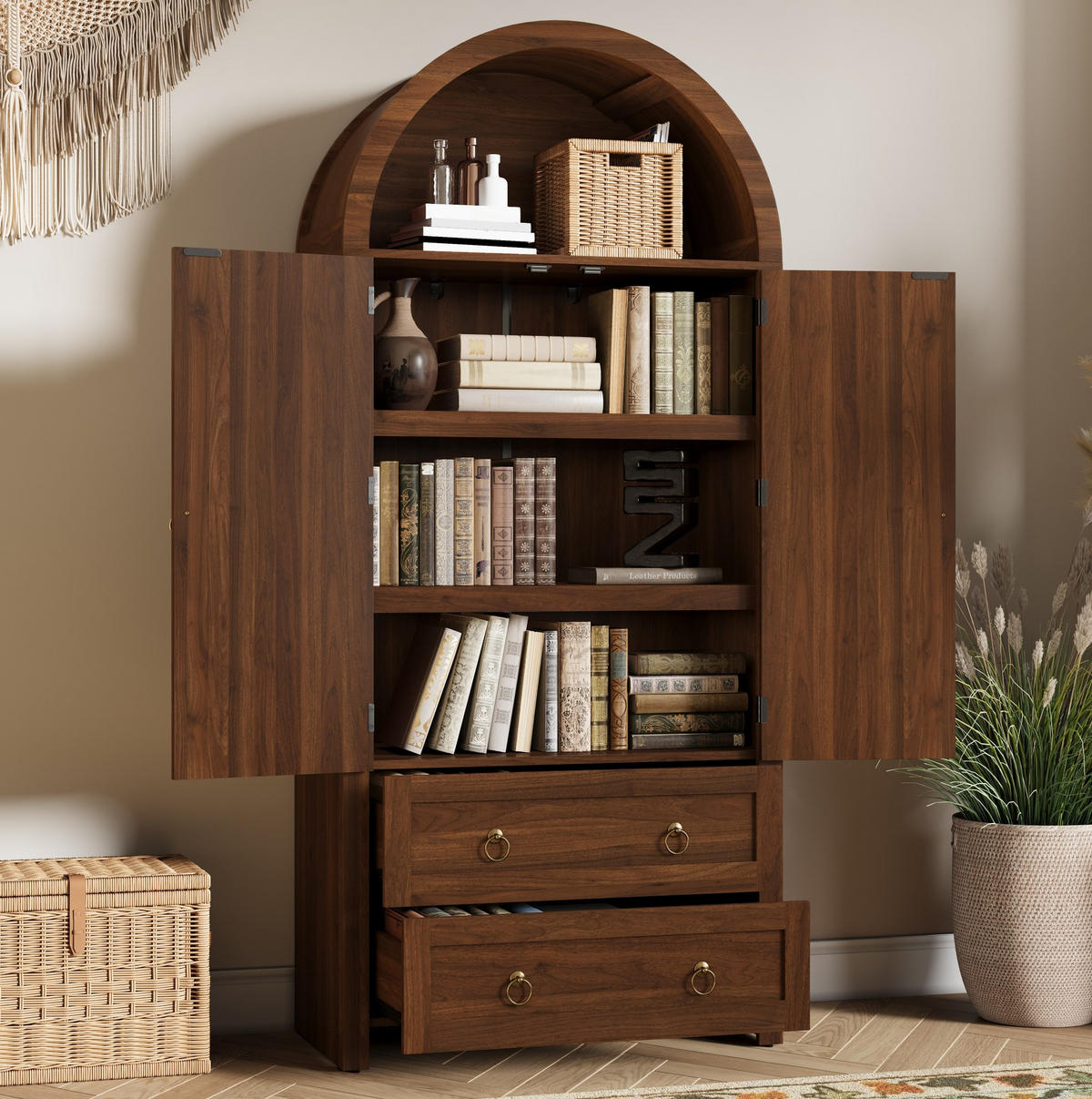 KOMODA z MDF, 80/40/180 cm, v dekore orecha, s ratanovými dvierkami a zásuvkami - farba orecha, kompozitné drevo (80/180/40cm) - BEAOK