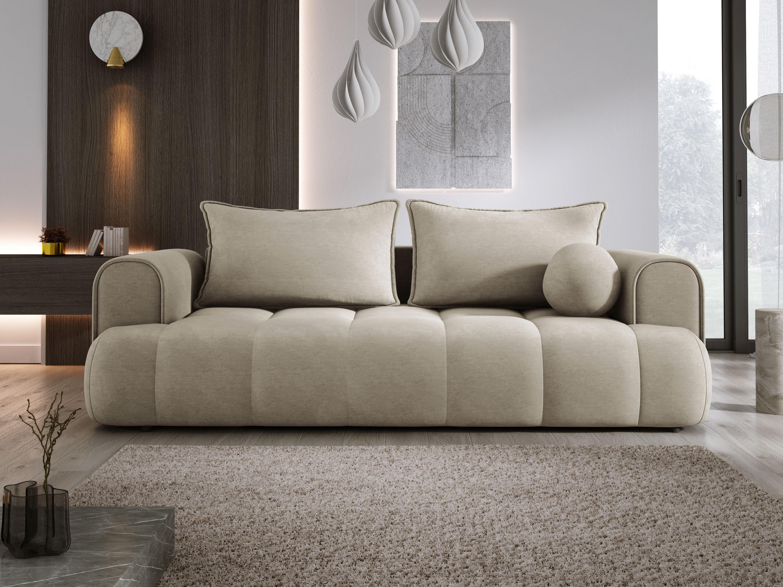 SOFA COCO SCHLAFSOFA mit Bettfunktion, CLOUD Stoffbezug, 2-Sitzer, freistehend, Größe: 250x105x90 cm, Beige - Beige, Holz/Textil (250/90/105cm) - DomoHome