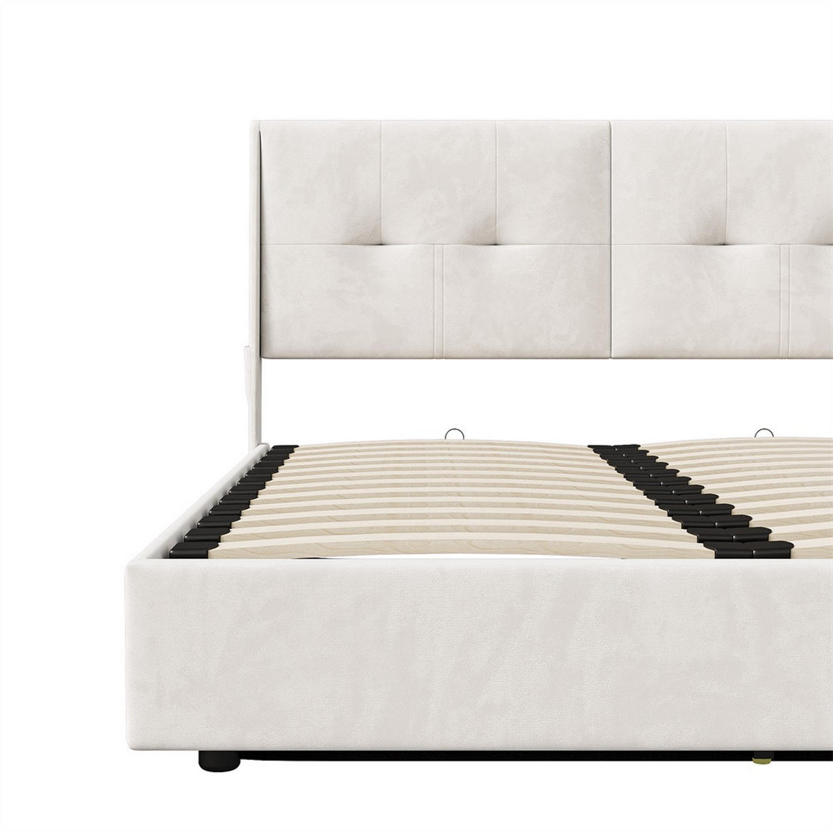 POLSTERBETT 160x200 cm - Hydraulisches Stauraumbett mit LED-Beleuchtung und praktischen Seitentaschen - ohne Matratze - Beige - Beige, Textil (160/200cm) - DELFA