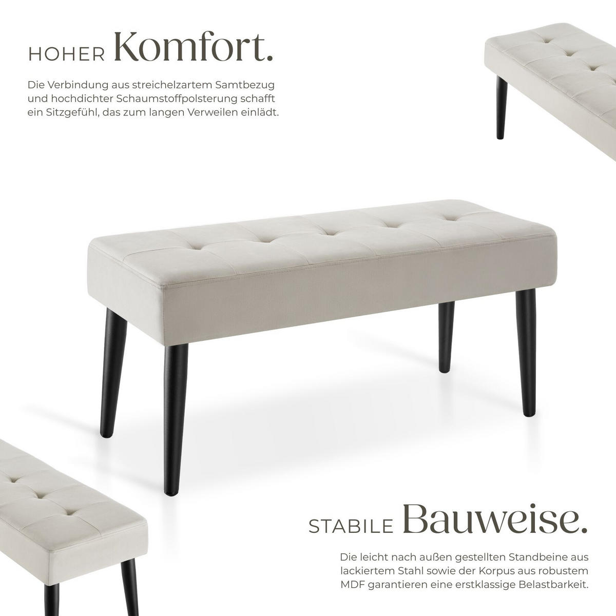 SITZBANK Glora, Belastbarkeit 220 kg, 95 x 38 x 45 cm, Samtoptik taupe - Taupe, Holz (95/45/38cm) - tectake