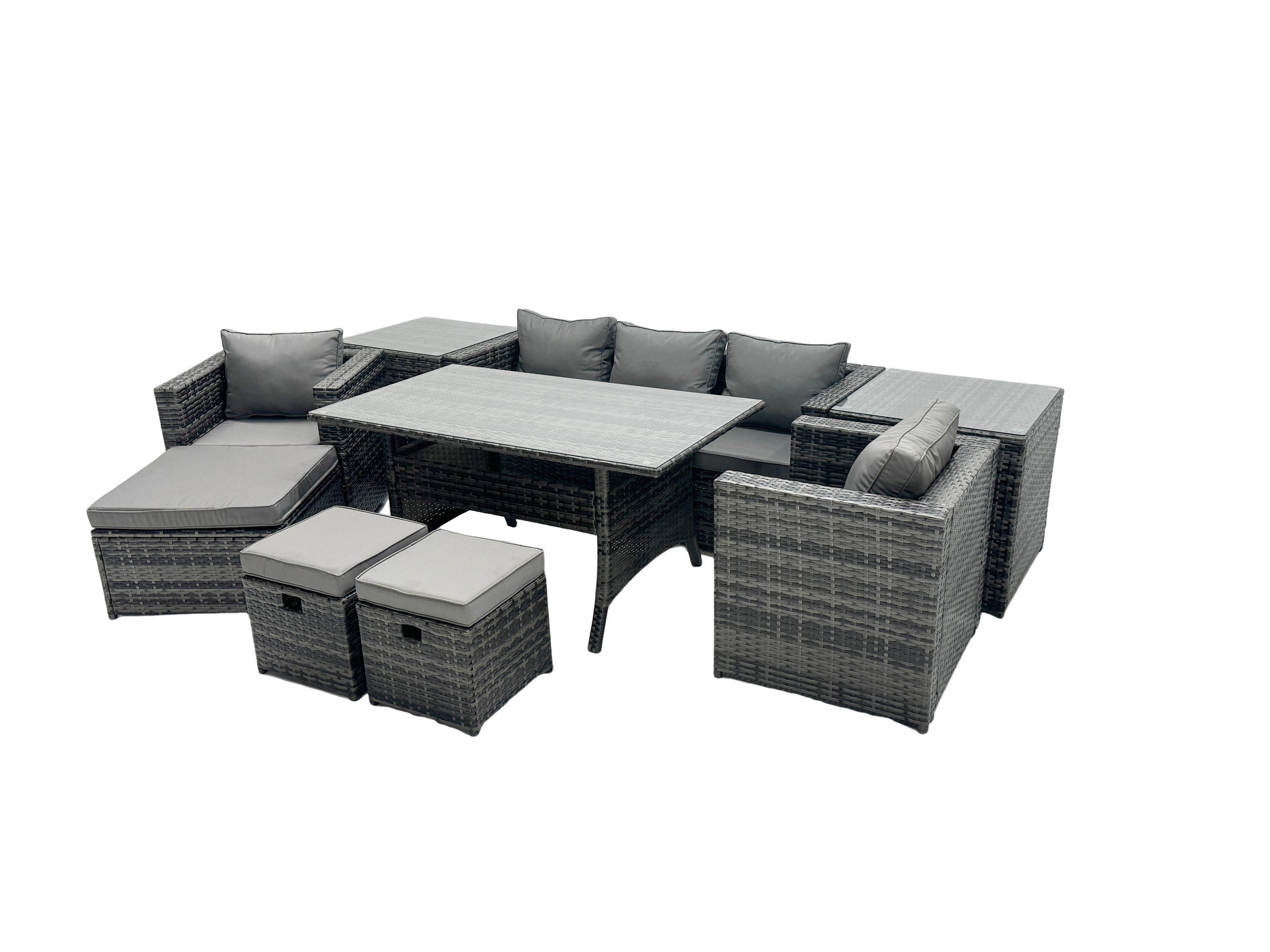 LOUNGEGARNITUR mit Stuhl,Beistelltischen Polyrattan Dunkelgrau 8-Sitzer - Dunkelgrau/Grau, Glas/Kunststoff - Fimous