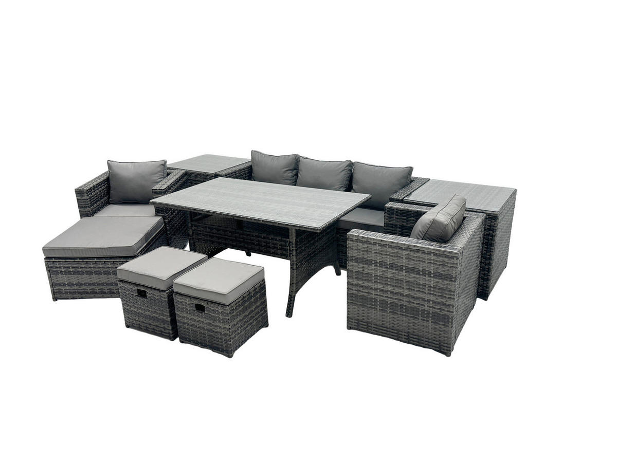 LOUNGEGARNITUR mit Stuhl,Beistelltischen Polyrattan Dunkelgrau 8-Sitzer - Dunkelgrau/Grau, Glas/Kunststoff - Fimous