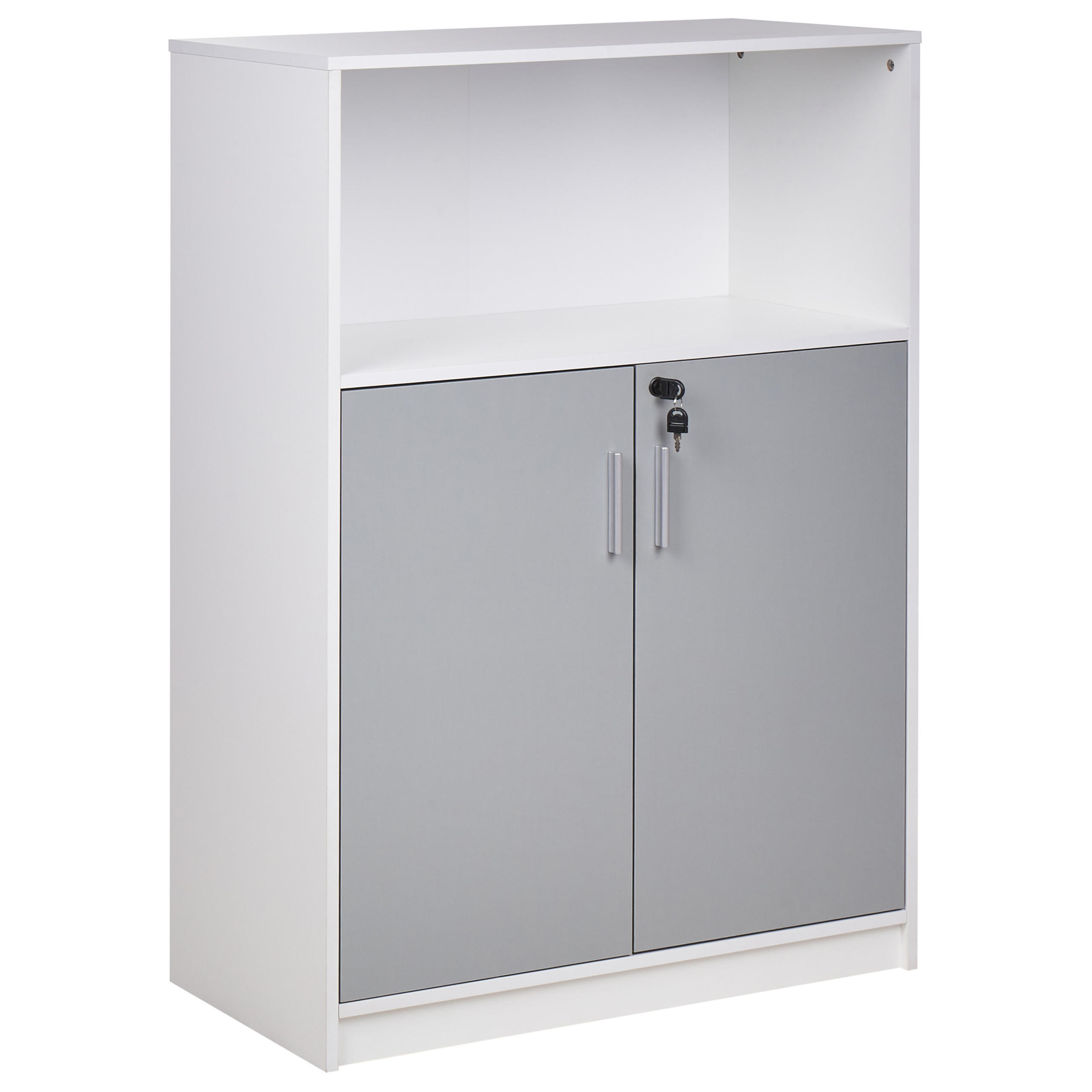 AKTENSCHRANK hellgrau/weiß 117 cm 2 Türen offenes Ablagefach Zehna - Weiß/Grau, Holzwerkstoff (80/117/40cm) - Beliani