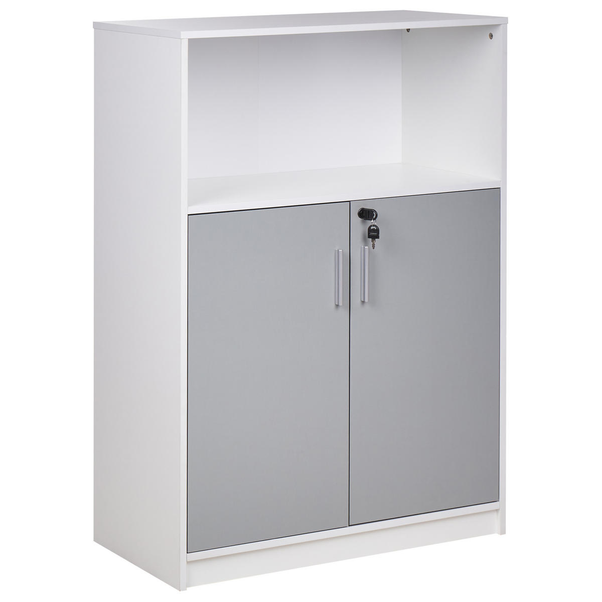 AKTENSCHRANK hellgrau/weiß 117 cm 2 Türen offenes Ablagefach Zehna - Weiß/Grau, Holzwerkstoff (80/117/40cm) - Beliani