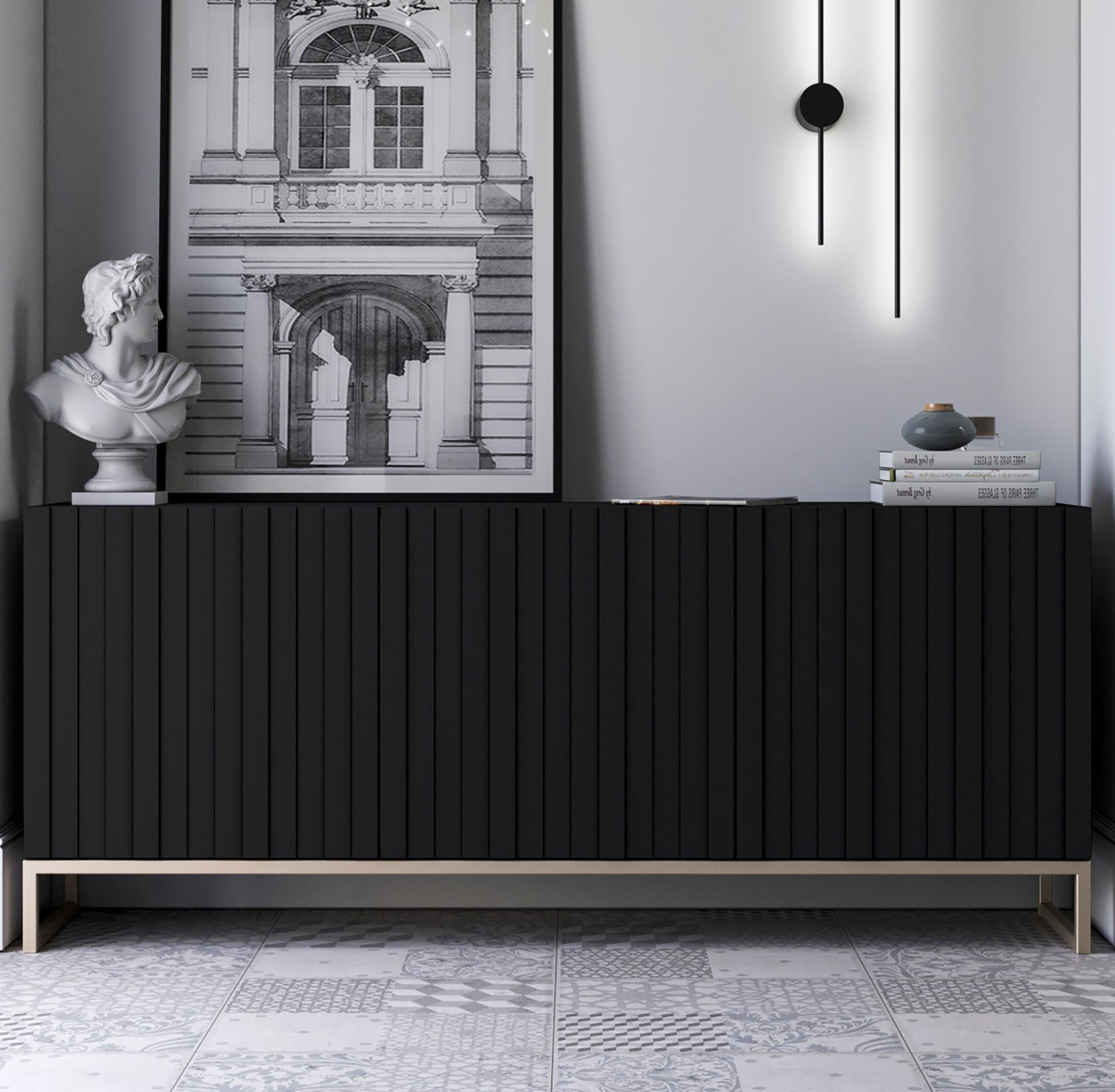KOMMODE Elpis 3D Schwarz Matt Glamour 168 cm - Schwarz/Kupferfarben, Holzwerkstoff/Metall (168/72/36.5cm) - Meble Lindner