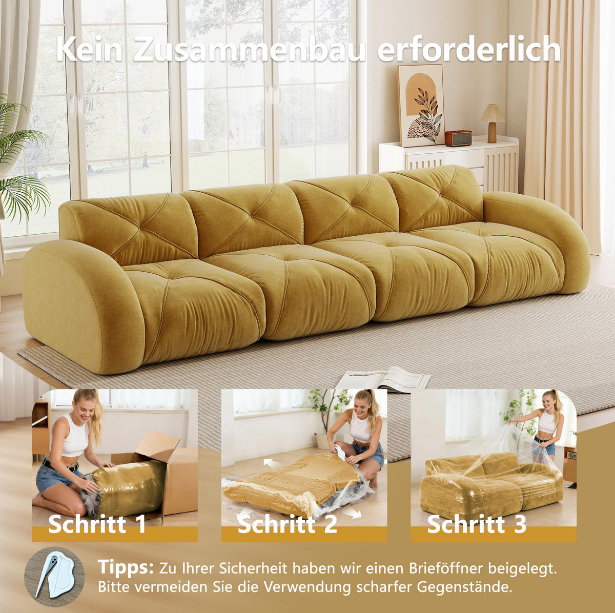 MODULSOFA 4-Sitzer aus Chenille mit rahmenlosem Design Gelb - Gelb, Textil (95/76/358cm) - Modenvie