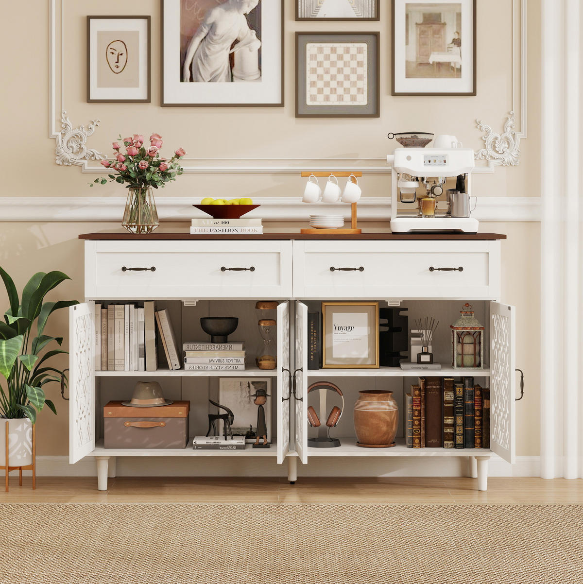 SIDEBOARD mit 4 Türen, 2 Schubladen, verstellbaren Einlegeböden und Massivholzplatte, Weiß - Weiß, Holzwerkstoff (150/90.3/40cm) - Redom