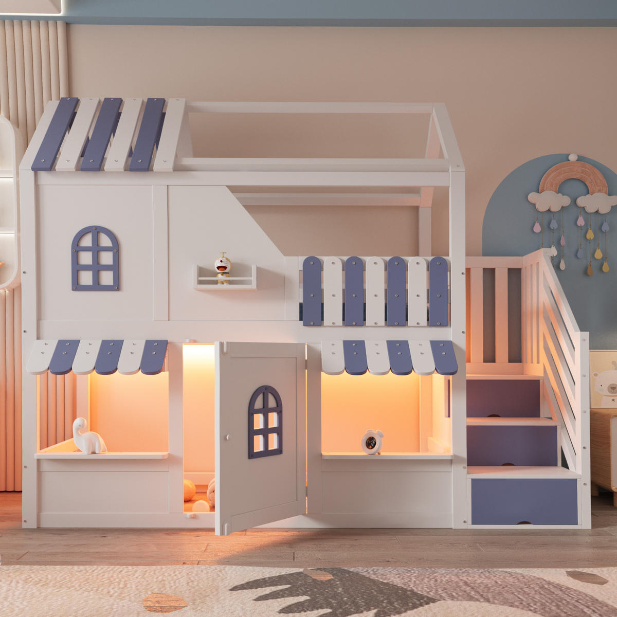 ETAGENBETT 90/200 cm Weiß, Blau - Blau/Weiß, Holz - Raumix