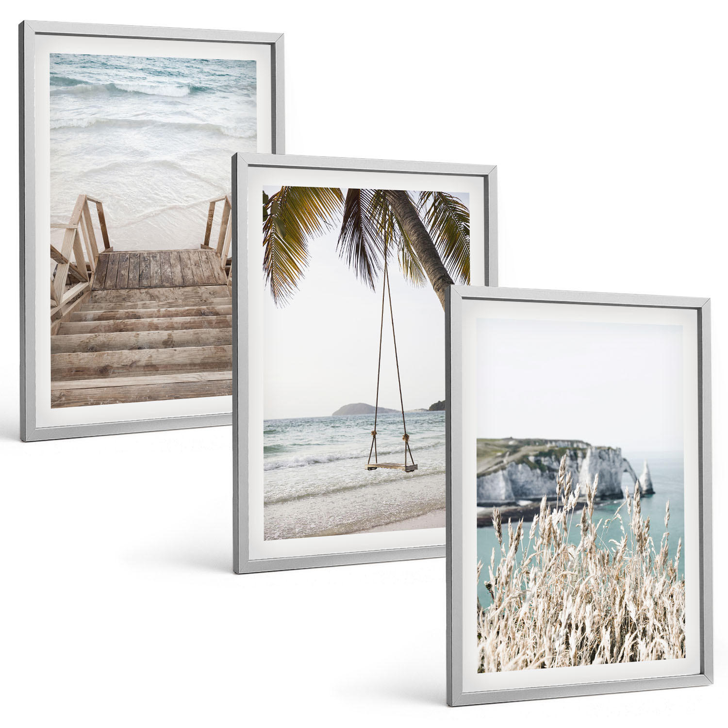 BILDER SET 3er Set - 40x60 cm Silberner Rahmen - Strandtreppe aus Holz, Schaukel - Silberfarben, Kunststoff (40/60cm) - TULUP