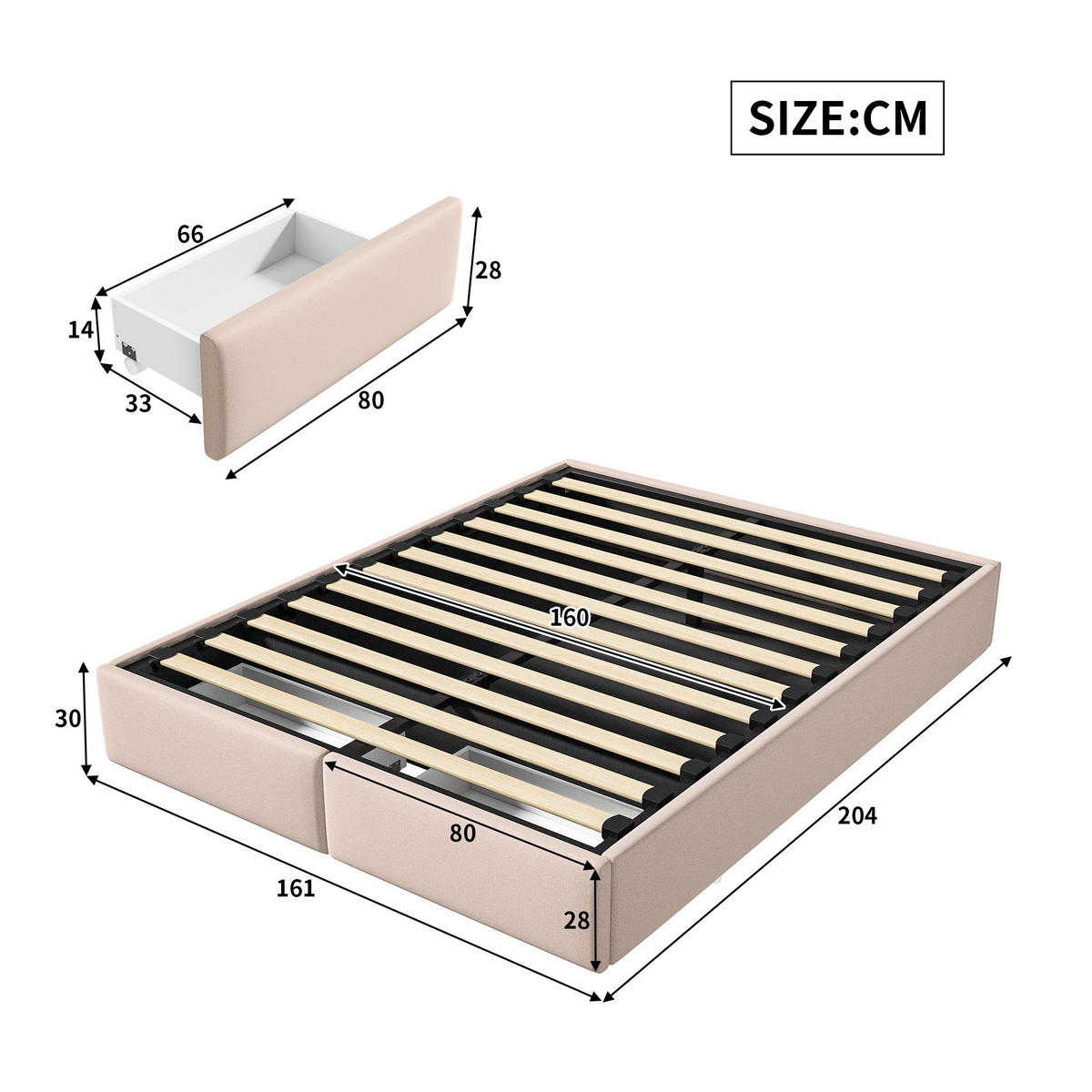 POLSTERBETT 160/200 cm, mit hydraulischem Stauraum und 2 Schubladen, keiner Kopfteil, Beige - Beige, Holzwerkstoff (160/200cm) - Brevoria