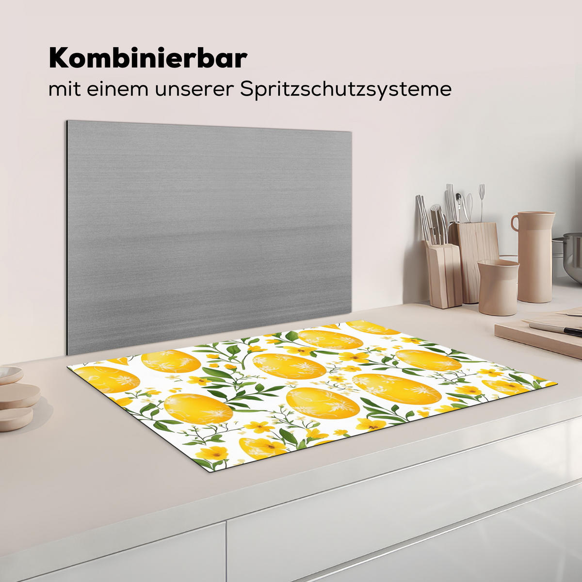 HERDABDECKPLATTE Blumen - Ostereier - Gelb Ceranfeldabdeckung 80x52 cm - Gelb, Kunststoff (80/52/0.2cm) - MuchoWow