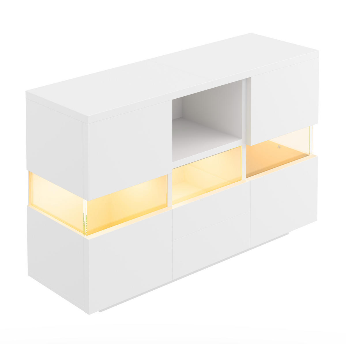 OBÝVACIA skrinka, 140/35/75 cm, drevený materiál biela, s LED osvetlením a vitrínou - biela, kompozitné drevo (140/75/35cm) - BEAOK
