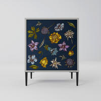 SIDEBOARD FLOWERS ON NAVY BLUE, Grau, 57,5x42x72,5 cm, Schwarze Metallfüße - Multicolor/Schwarz, Holzwerkstoff/Metall (57.5/72.5/42cm) - SpaceRebels