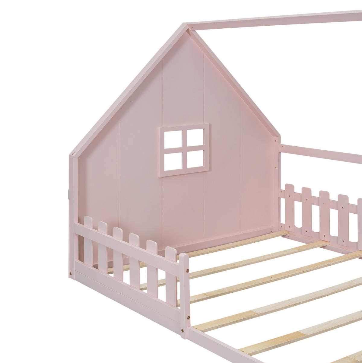 KINDERBETT aus Kiefernholz und MDF 140x200 cm Rosa mit Hausdesign und Schutzgitter - Rosa, Holzwerkstoff (140/200cm) - IVMEU