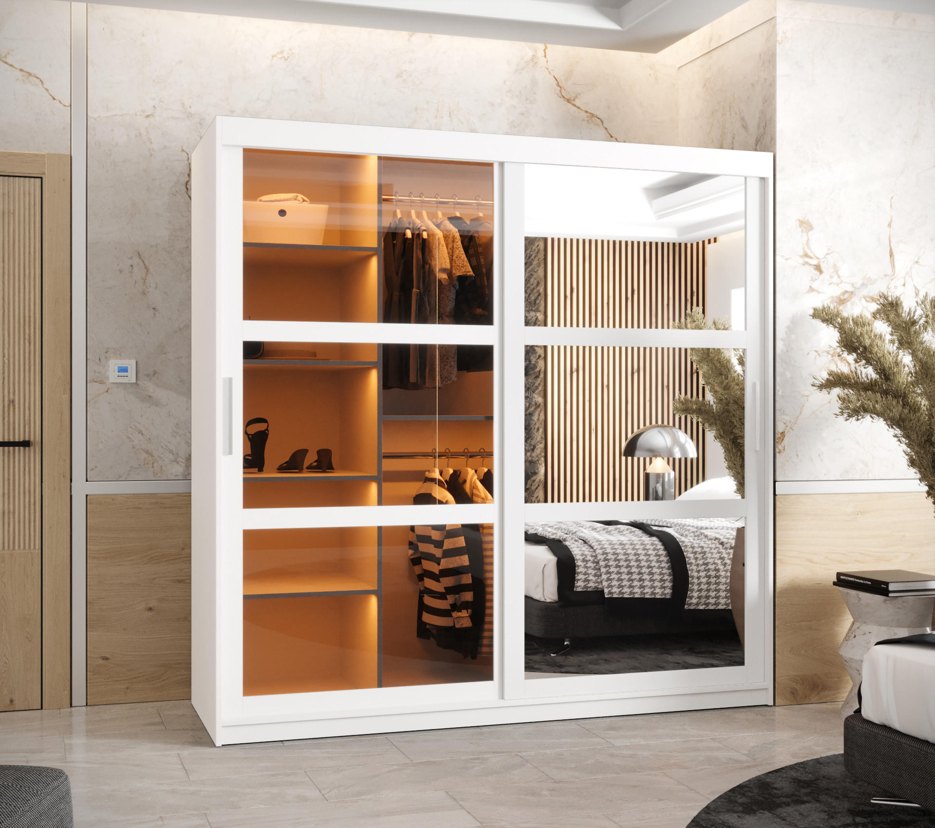 SCHWEBETÜRENSCHRANK 200/180/62 2-türig - Silberfarben/Weiß, Holz/Kunststoff (180/200/62cm) - Abiks Möbel