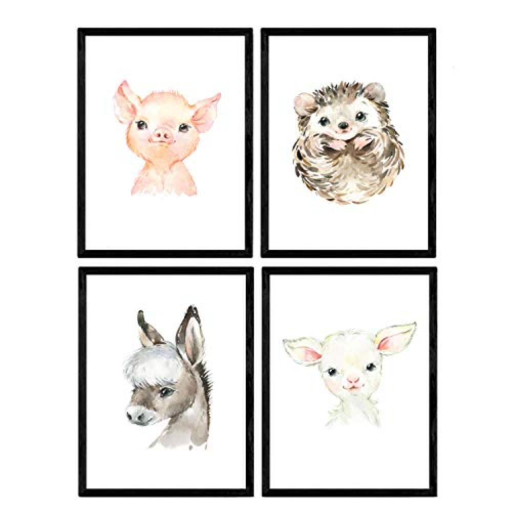 POSTER Set mit 4 Schwein Ziege Igel Esel A4 Schwarzer Rahmen - Schwarz, Papier (29.7/3cm) - Nacnic