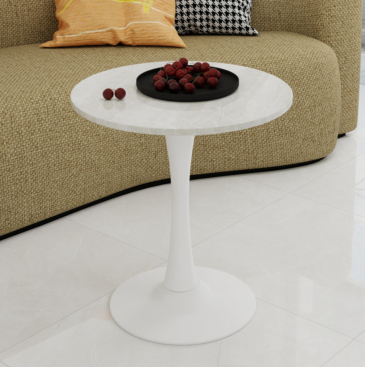 COUCHTISCH 70,1 cm in Weiß aus Kunstmarmor–rundes Design für viele Wohnbereiche - Weiß, Stein (70/70/72cm) - Flora Grace