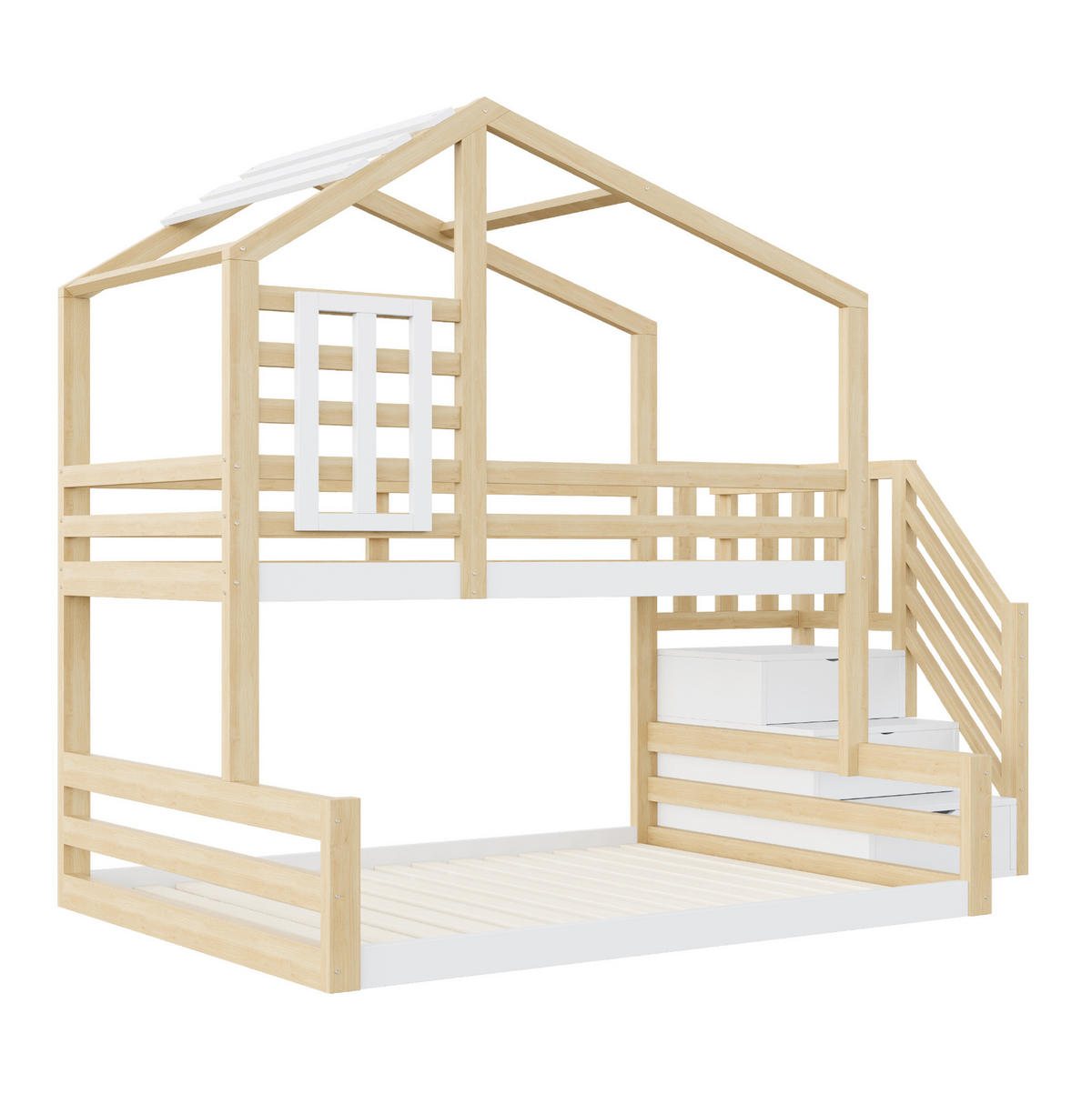ETAGENBETT 90/200 cm in Natur mit Hausdesign, Fenster und Stauraumtreppe - Naturfarben, Holz (90/200cm) - OKMYHOME