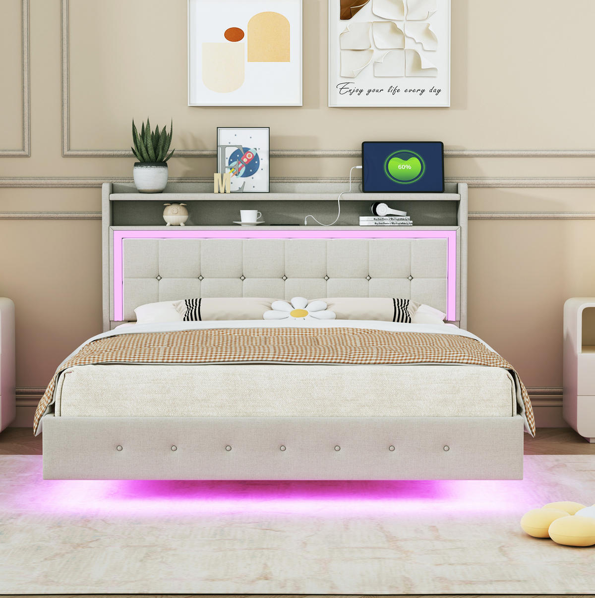 ČALOUNĚNÁ postel 140/200 cm, béžová, s USB zásuvkou a LED osvětlením - béžová, textil (140/200cm) - BEAOK