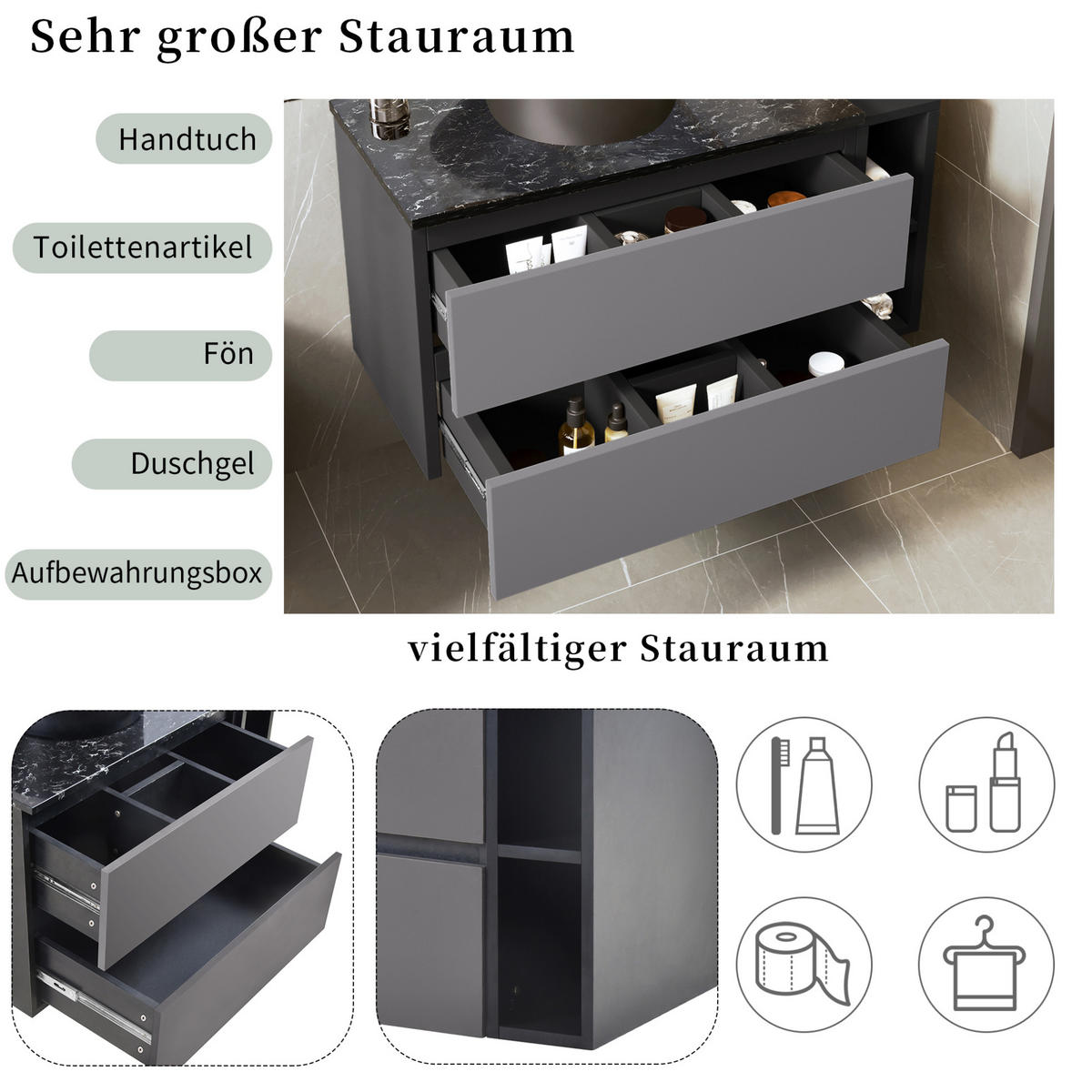 WASCHTISCHKOMBI 80 cm Schwarz/Grau aus MDF mit Marmor-Arbeitsplatte und Stauraum - Schwarz, Holzwerkstoff (80/48.5/44cm) - OKMYHOME