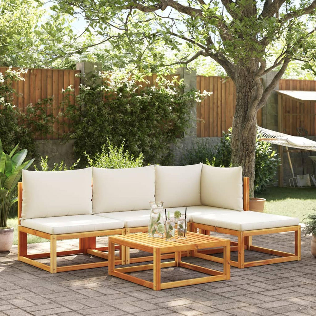 GARTENSOFA-SET 5-TLG. Mit Kissen Holz Akazie & Rattan - Braun, Holz - vidaXL
