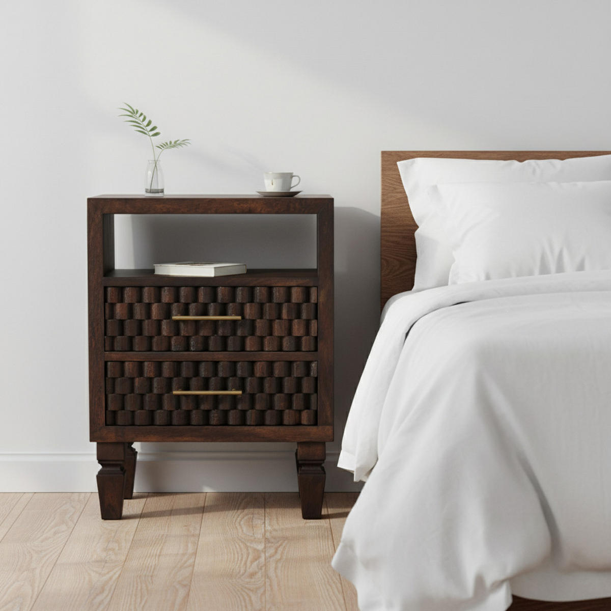 NACHTTISCH Rich-Velvet-Mocha-Finish, 2 Schubladen, 1 offenes Regal, Dunkelbraun - Dunkelbraun, Holz/Metall (35/60/45cm) - Artisan Furniture