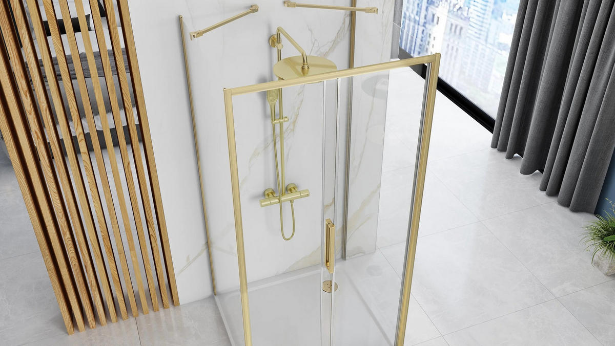 DUSCHKABINE Rea Rapid Slide Brush Gold Wandmontage 100x80 - Goldfarben, Glas (100/80/195cm) - REA