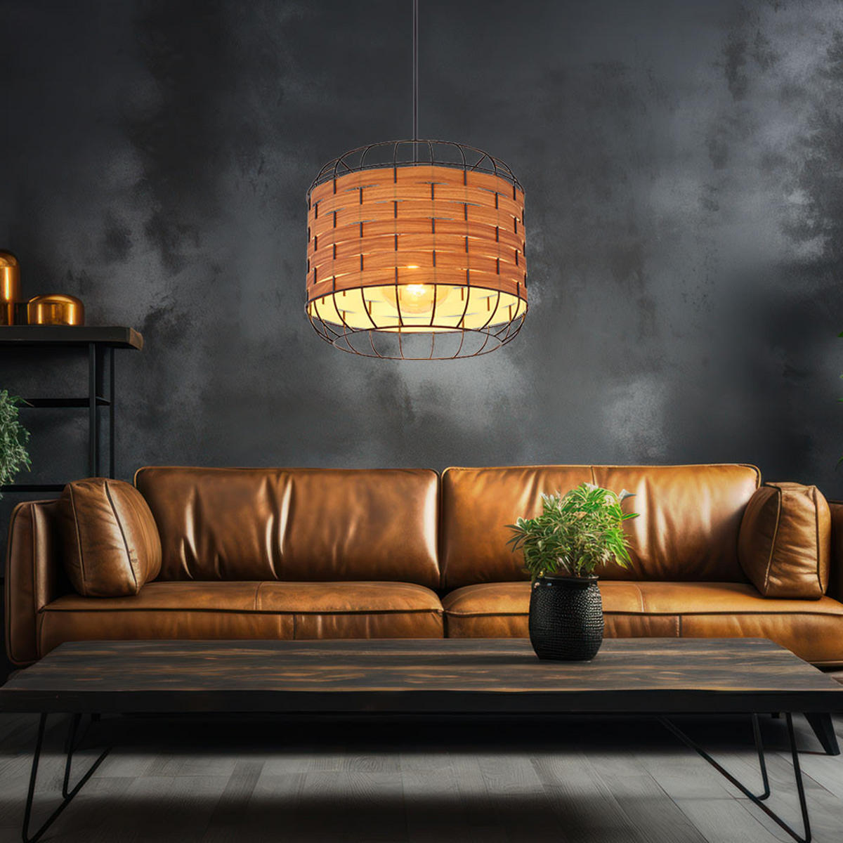 HÄNGELEUCHTE Metall Holzoptik Schwarz - Schwarz, Metall (35/35/120cm) - Globo Lighting