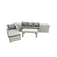 BALKONMÖBEL-SET Polyrattan Hellgrau-Mix 5-teilig - Hellgrau/Grau, Glas/Kunststoff - Fimous