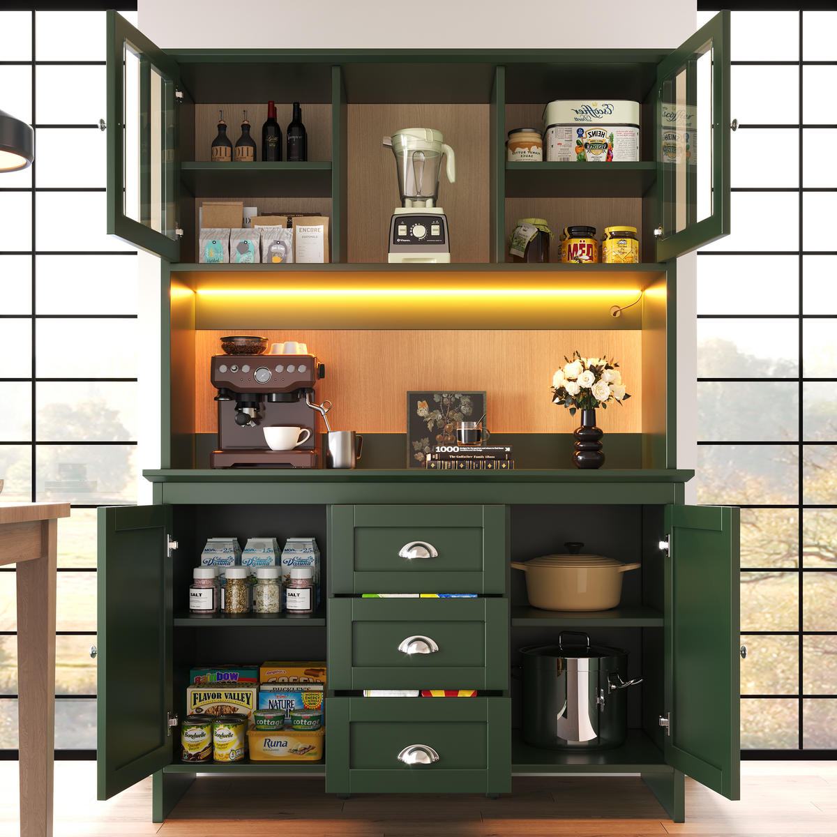 BUFFET 120/40/179 cm grün aus MDF mit LED-Beleuchtung - Grün, Holzwerkstoff (120/179/40cm) - OKWISH