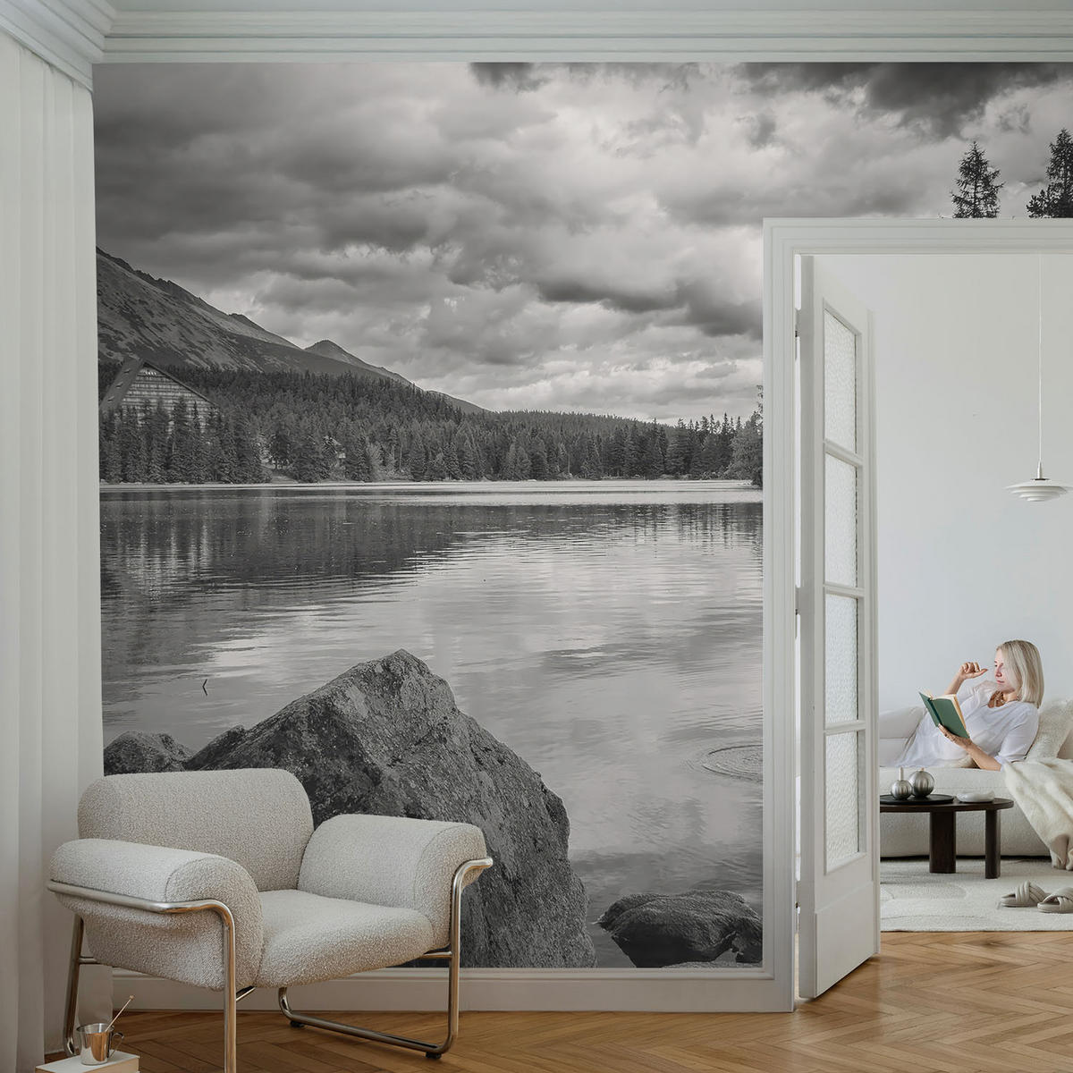 FOTOTAPETE 104x70 cm - Bergpanorama - Schwarz, Textil (104/70cm) - Wallfluent