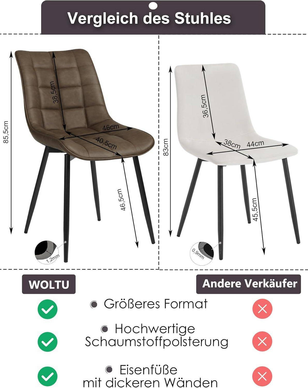 ESSZIMMERSTUHL 2er Set, Sitzfläche aus Kunstleder - Schwarz/Braun, Metall (46.5/85.5/46cm) - Woltu