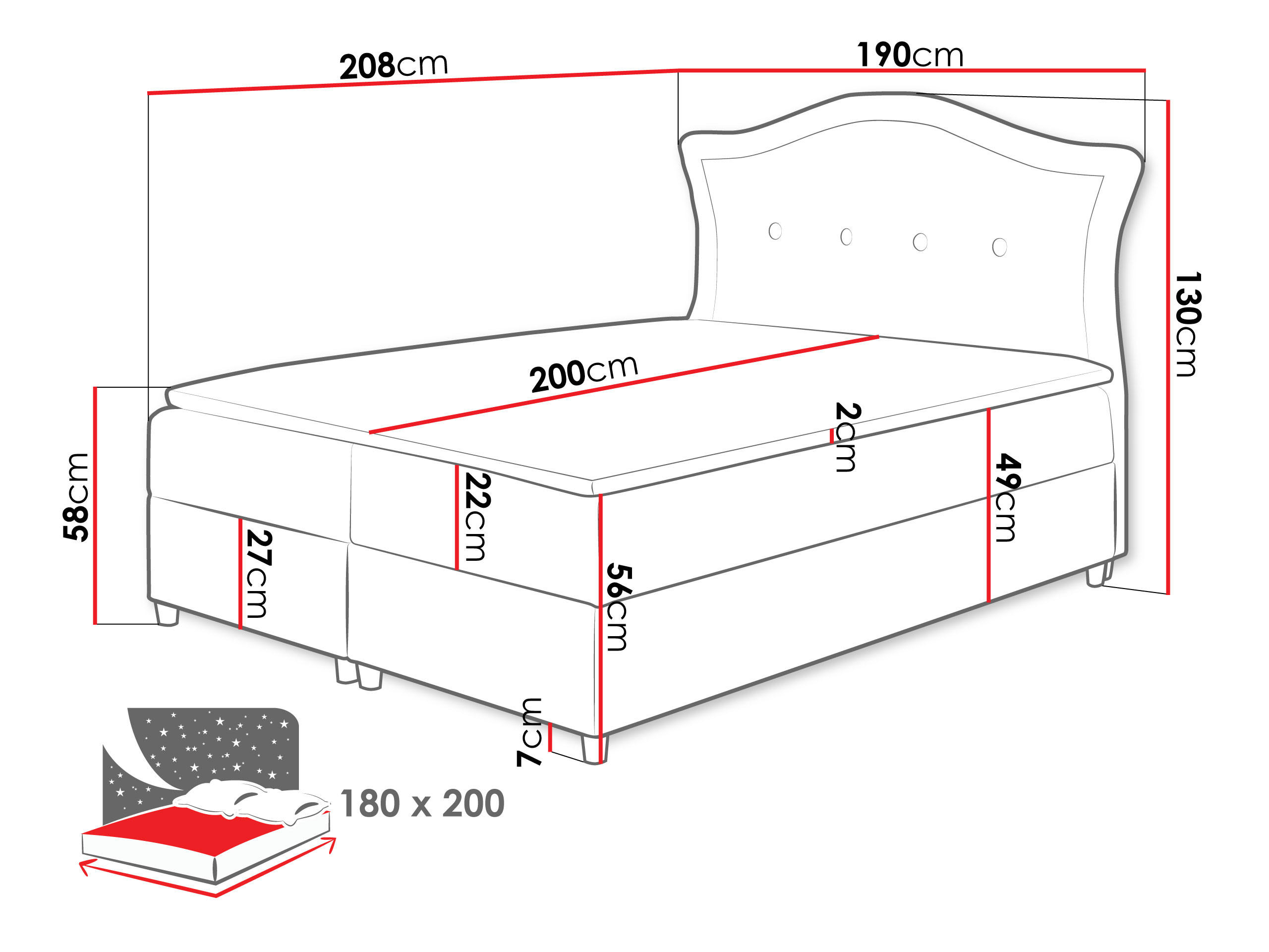 Thumbnail - Mirjan24 Boxbett, Dunkelblau, Holz, H3, 180x200 cm, Schlafzimmer, Betten, Boxspringbetten