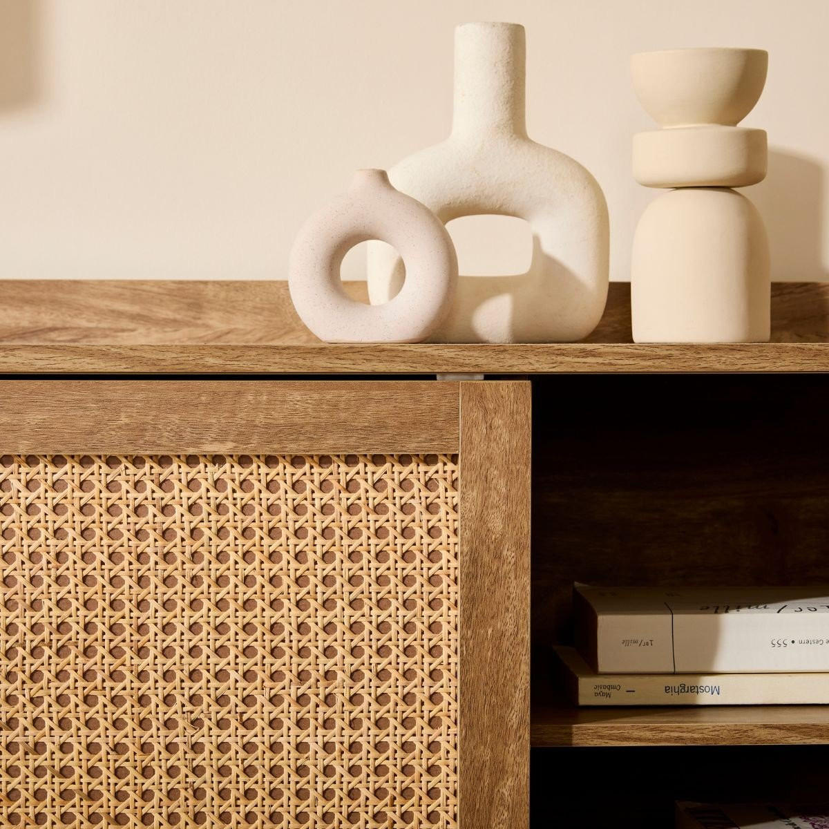 SIDEBOARD mit 2 Türen und 2 Schubladen mit Rattanfronten 39/140/80 cm - Apfelbaumfarben, Holzwerkstoff (39/80/140cm) - Calicosy