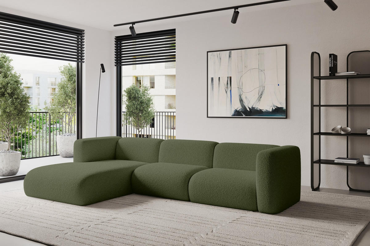 ECKSOFA Ottomane Links MIRA-L2 318x179x89 Grün Bouclé - Schwarz/Olivgrün, Holzwerkstoff/Kunststoff (318/179cm) - ALTDECOR