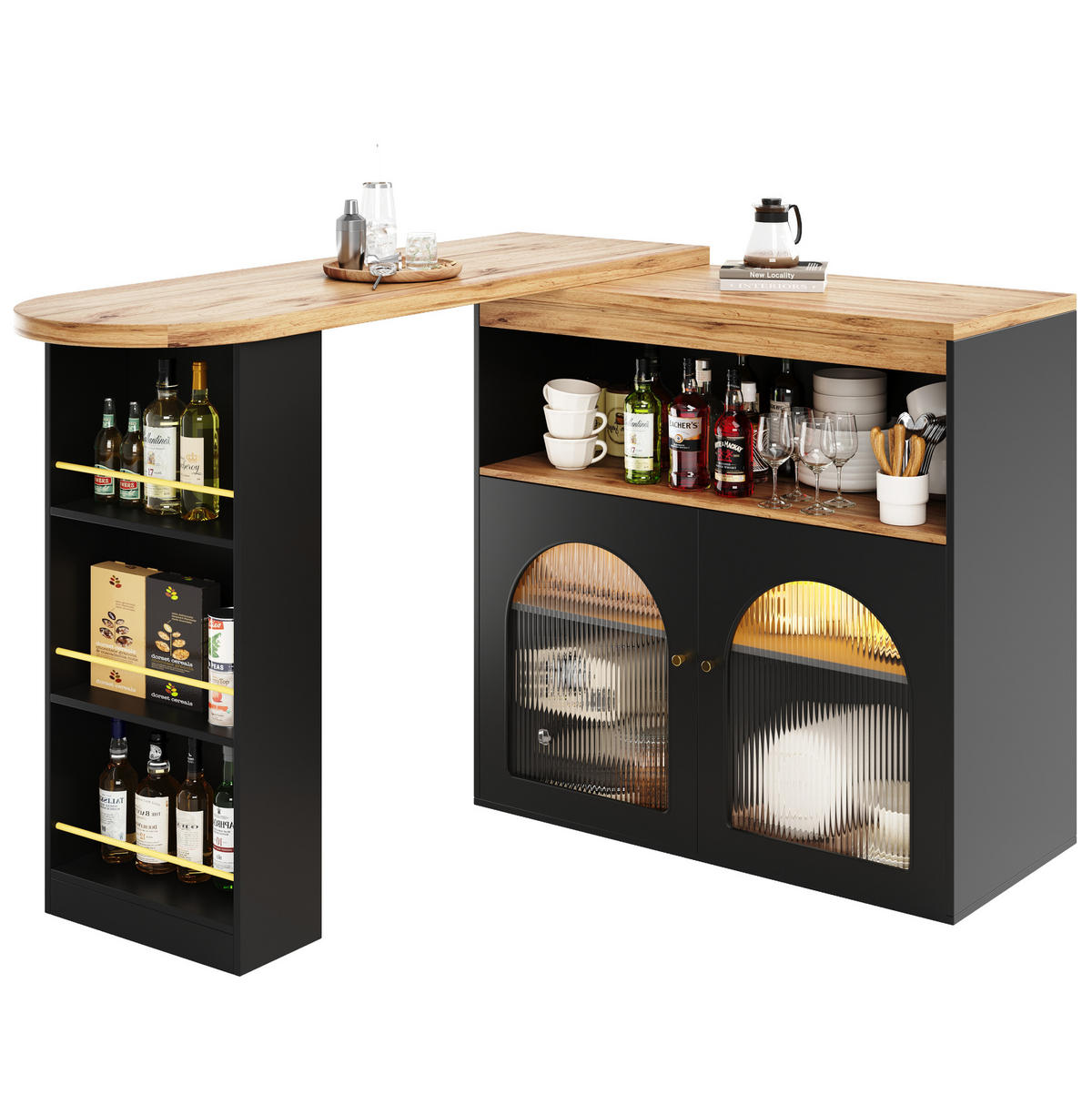 BARTISCH aus MDF 138-193x39x105 cm Schwarz drehbar mit Stauraum, Glasfront und LED-Lichtleiste - Schwarz, Holzwerkstoff (39/193/105cm) - Modfu
