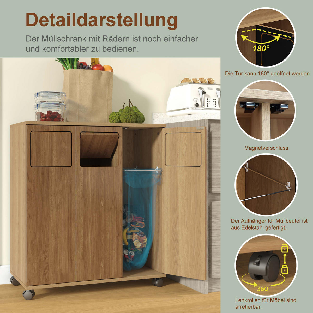 MÜLLSCHRANK DE-38851 69,3/35/80,3 cm 3 Fächer und Rollen Eiche-Optik - Naturfarben, Holzwerkstoff (69.3/80/35cm) - ComfortXL