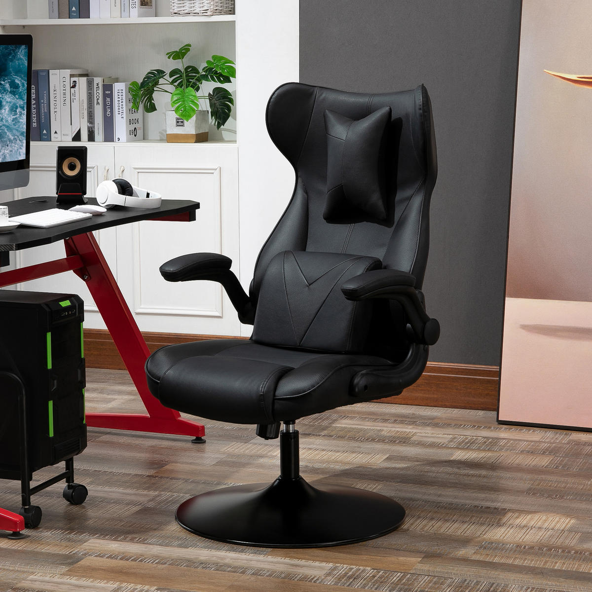 GAMING Stuhl Computerstuhl Lendenkissen höhenverstellbar Metall Schwarz - Schwarz, Leder (71/112/67cm) - Vinsetto