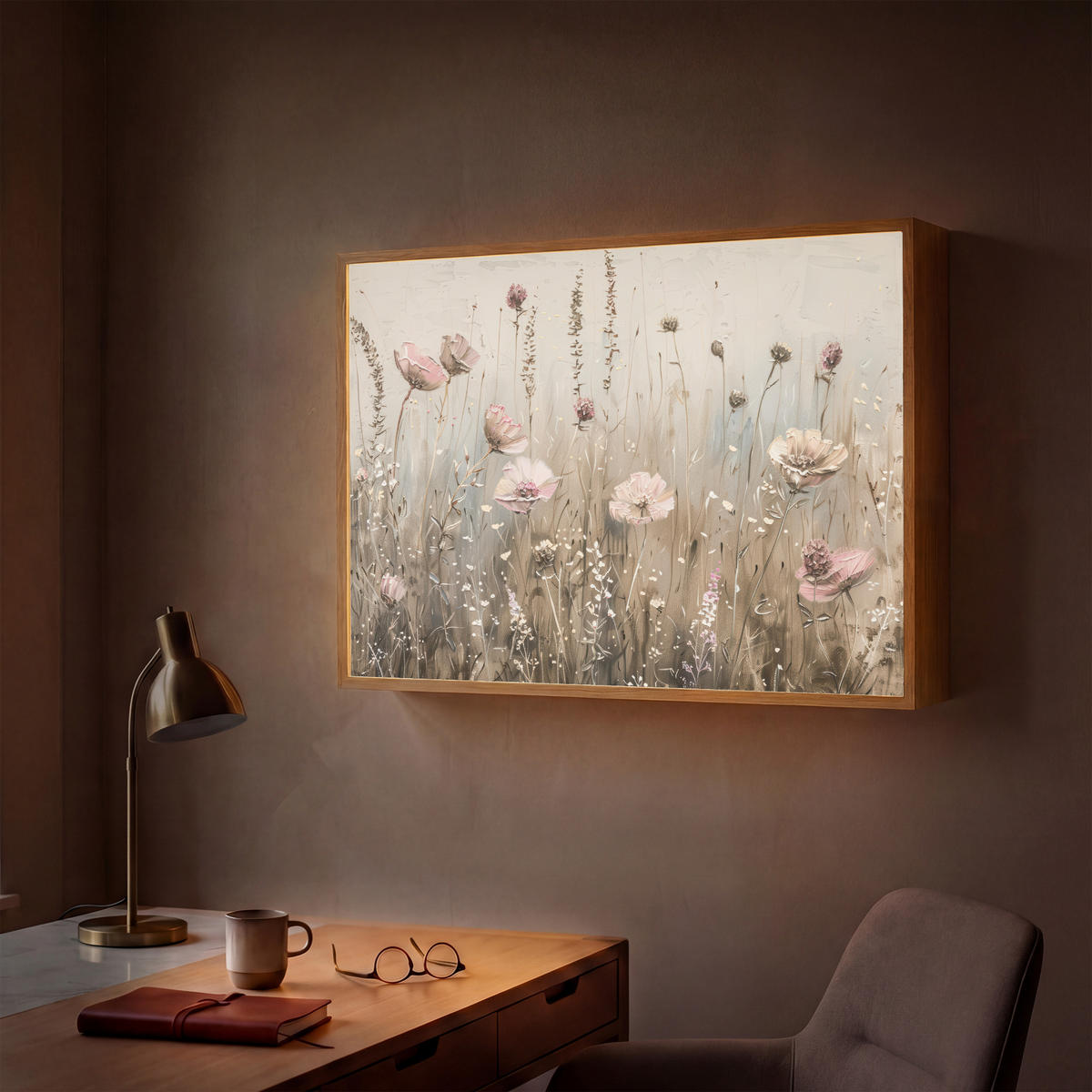 NÁSTĚNNÁ LAMPA S AKUMULÁTOREM Květiny - růžová - moderní - béžová 100x70 cm - starorůžová, kompozitní dřevo (100/70/8cm) - OnlyWow