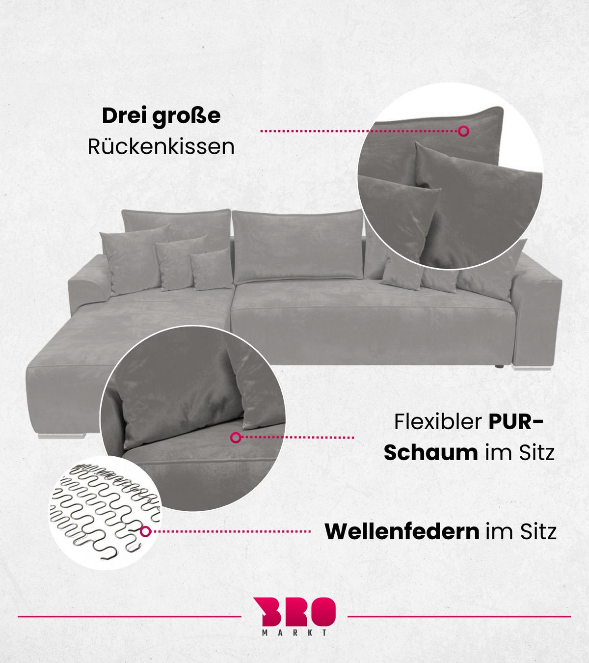 ECKSOFA Sydney mit Schlaffunktion Grau Plüsch - Grau, Textil (280/184cm) - Bromarkt