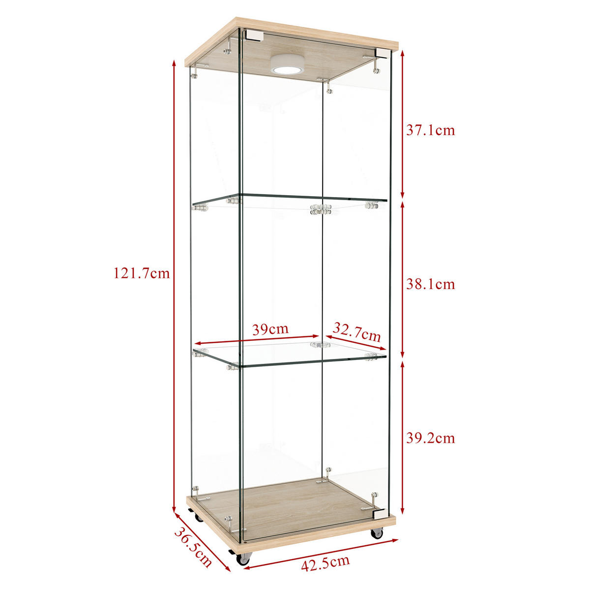 VITRINE 42,5/36,5/120 cm in Naturholzoptik mit LED-Beleuchtung und Glastür - Naturfarben, Holzwerkstoff (42.5/120/36.5cm) - Flora Grace