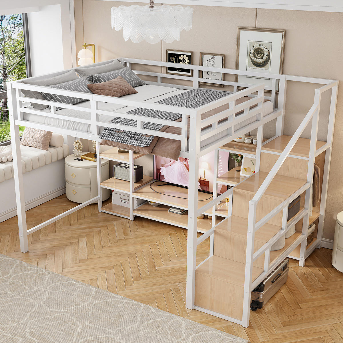 HOCHBETT 140/200 cm, Weiß mit TV-Ständer, Steckdose und Sicherheitsleiter - Weiß, Metall (140/200cm) - MIVRAY