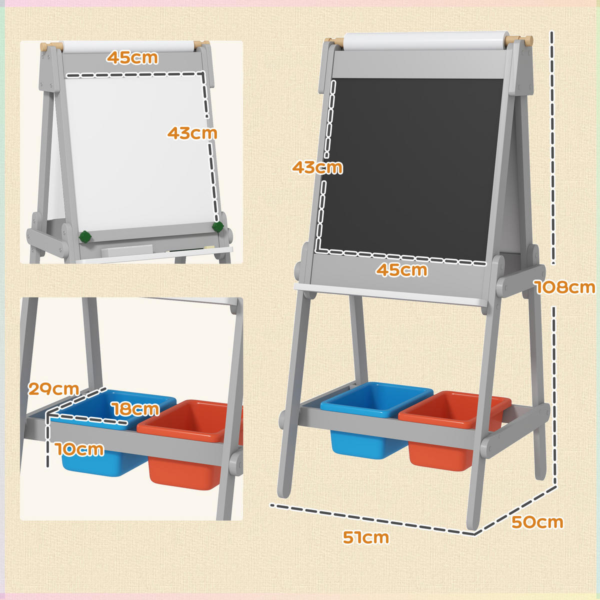3-IN-1 Kindertafel, doppelseitige Kinder Staffelei mit Kreidetafel, Whiteboard - Grau, Holzwerkstoff (50/108/51cm) - AIYAPLAY