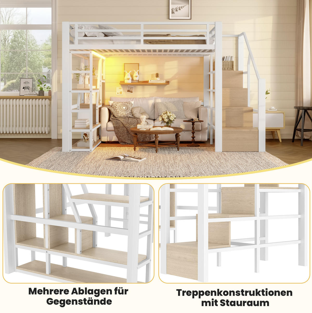 HOCHBETT 140/200 cm Weiß mit LED-Lichtleiste und Stauraum - Weiß, Metall (140/200cm) - MIVRAY