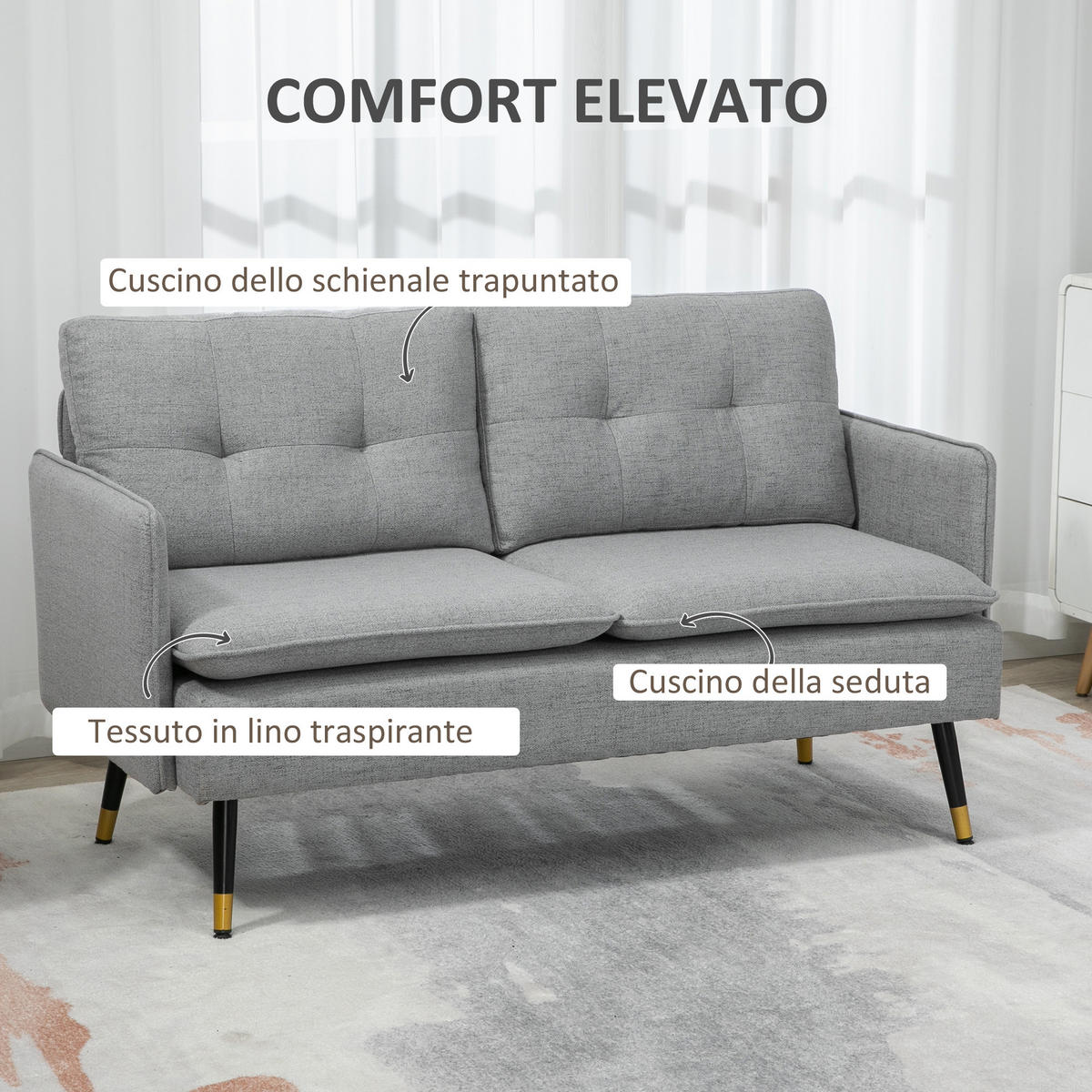 SOFA, 2-Sitzer, Stoff, Kissen, Stahlbeine, grau, 139x68x80cm - Multicolor, Holzwerkstoff (139/80/68cm) - FORIOUS