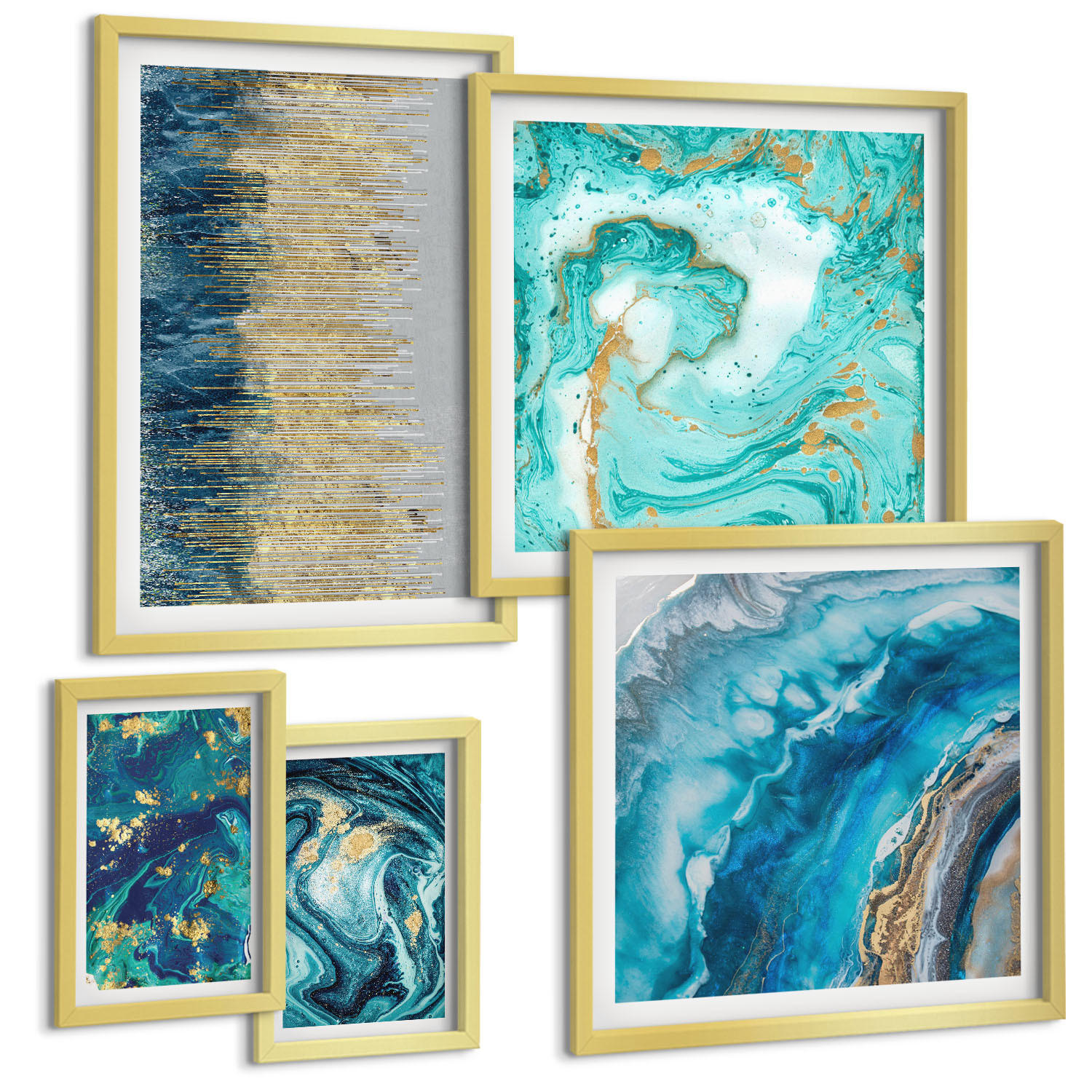 BILDER SET 5er Set - 50x50 cm & 20x30 cm & 40x60 cm Goldrahmen - Wilde Landschaften, Berge, Hirsche - Goldfarben, Kunststoff (40/60cm) - TULUP