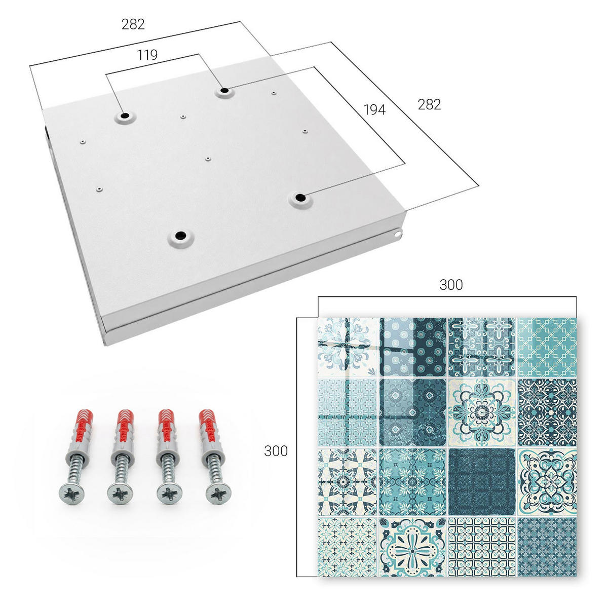 SCHLÜSSELBOX Weiß 30x30 cm – Türöffnung nach rechts - Retro-Mosaik - Türkis, Metall (30/30/5cm) - TULUP